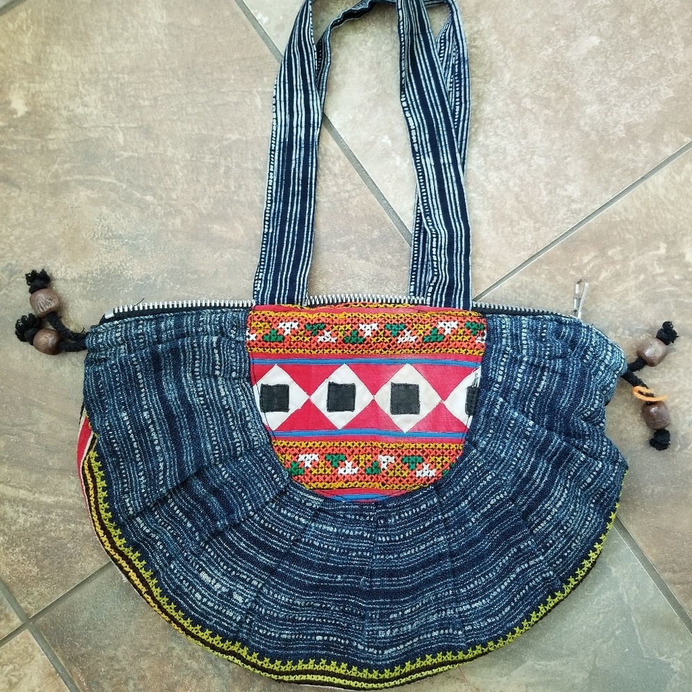 Vintage Indigo Fabric Pattern Patchwork Handbag - image 3